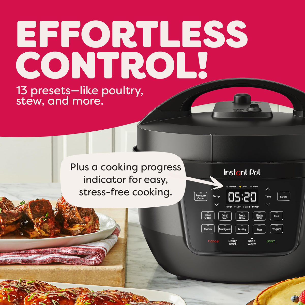 Instant Pot Rio Wide wide-base design increases cooking area.
