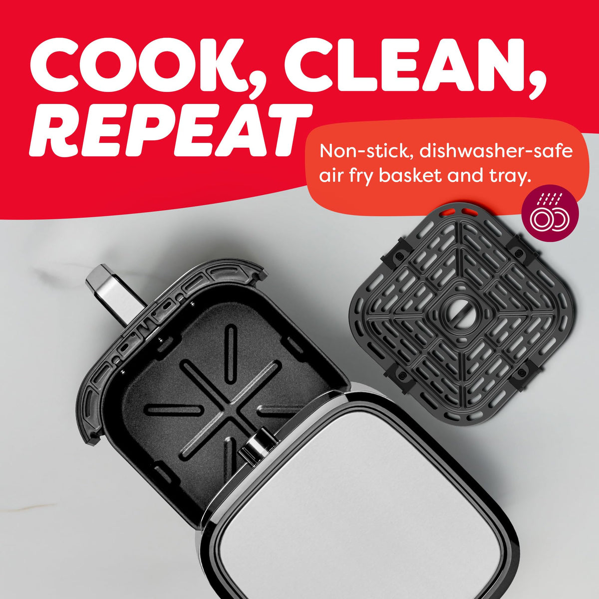 Instant Pot VORTEX Plus easy-clean design featuring a non-stick basket for quick cleanup.