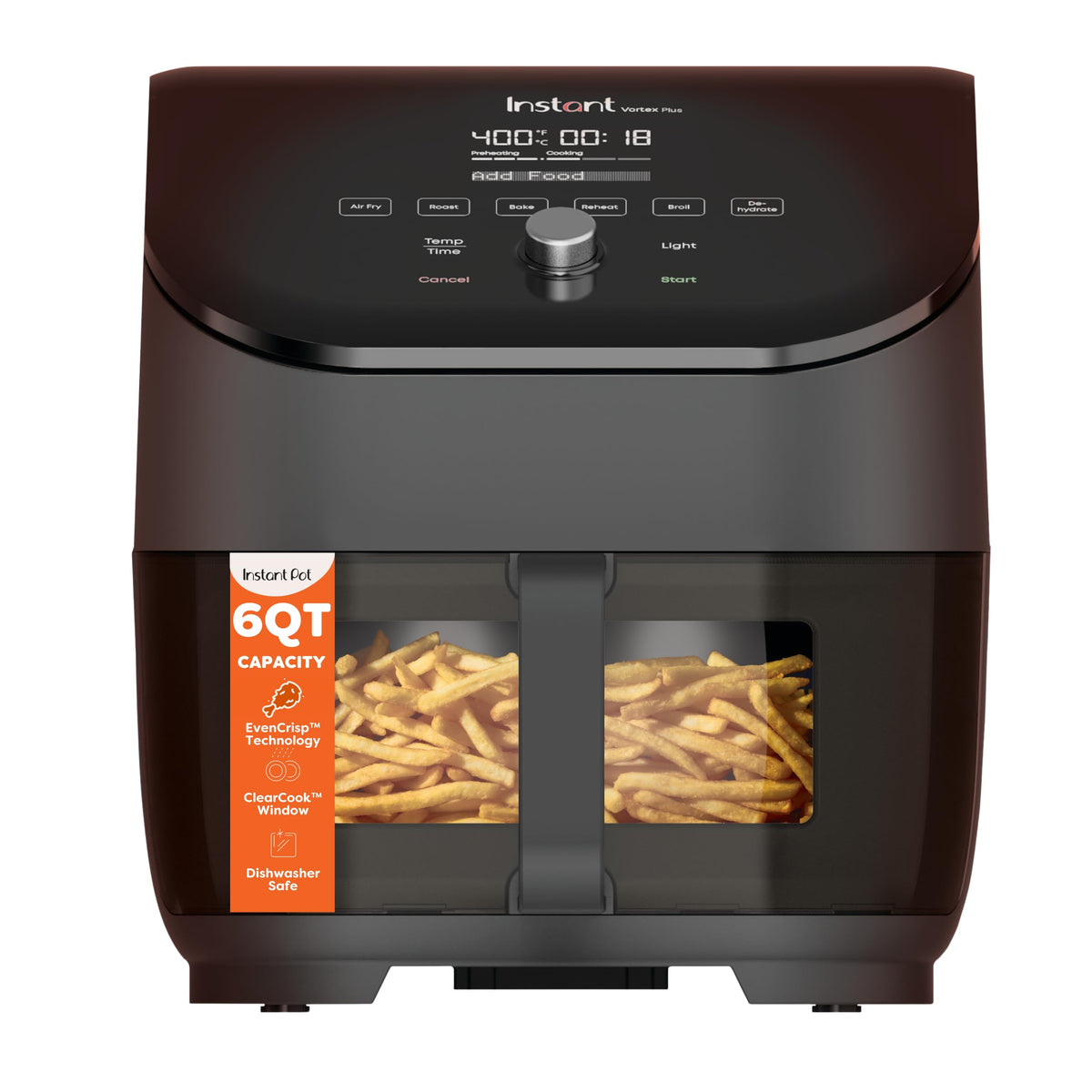 Instant Pot Vortex Plus front view showing a compact, family-size air fryer.