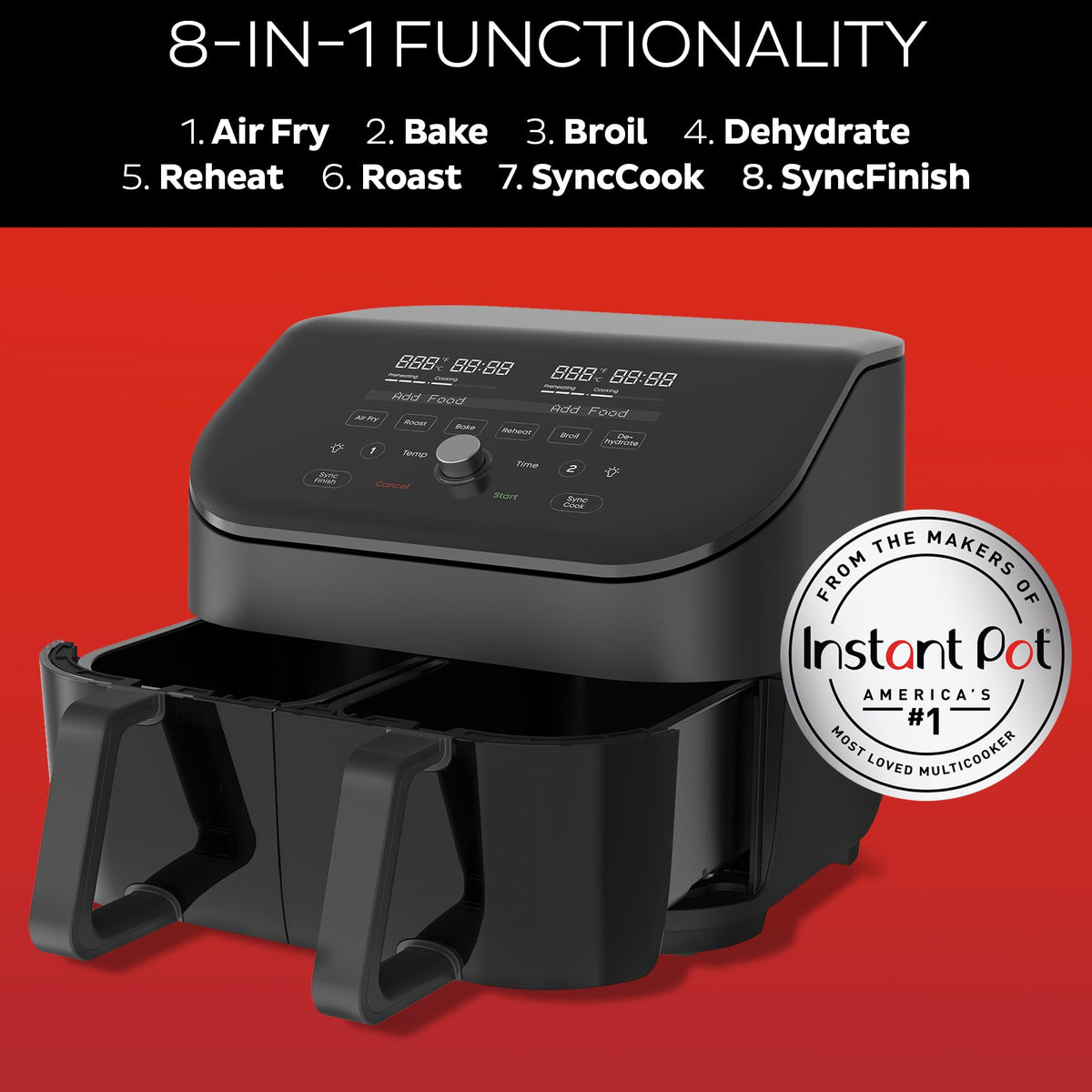 Instant Pot Vortex Plus XL dual baskets enable cooking mains and sides together.