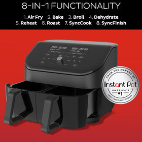 Instant Pot Vortex Plus XL dual baskets enable cooking mains and sides together.