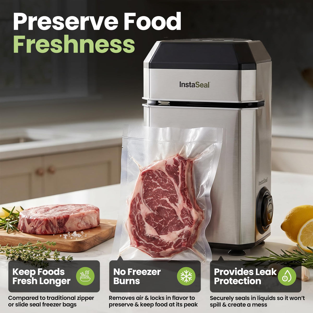 Instaseal vacuum sealer compact footprint on counter enables easy storage and quick sealing.