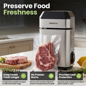 Instaseal vacuum sealer compact footprint on counter enables easy storage and quick sealing.