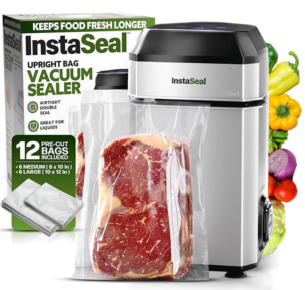 Instaseal vacuum sealer front view, compact upright design for small kitchens.