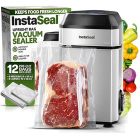 Instaseal vacuum sealer front view, compact upright design for small kitchens.
