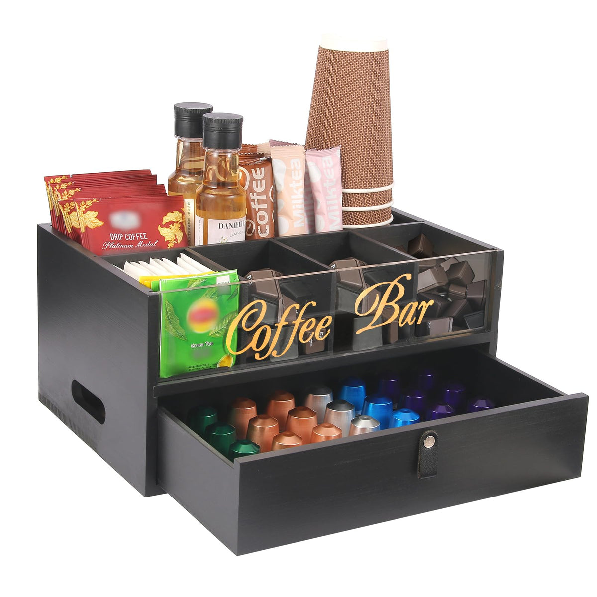 Intarsio coffee bar organizer with clear acrylic top for quick pod selection.