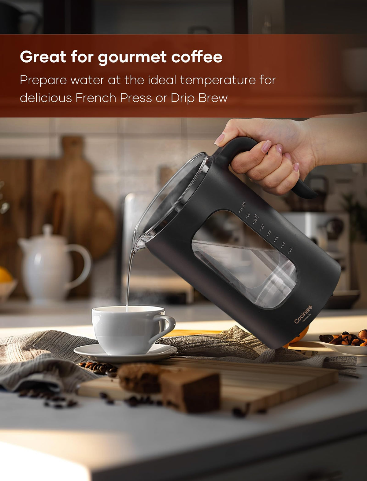 INTASTING 1200W fast heating system delivers hot water quickly for beverages.