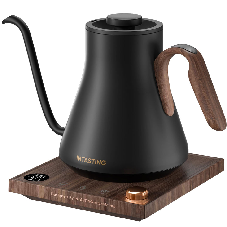 INTASTING electric kettle base and ergonomic handle for steady pouring.