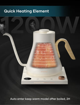 INTASTING cream-colored kettle on a modern kitchen counter.