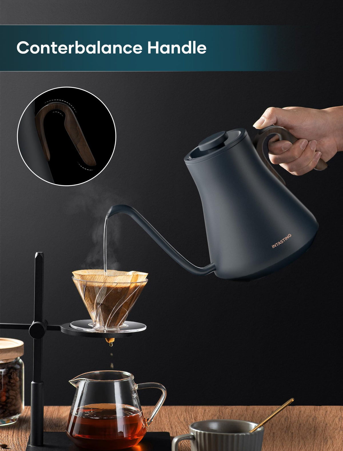 Intasting electric kettle with digital brew stopwatch display for timed pours.