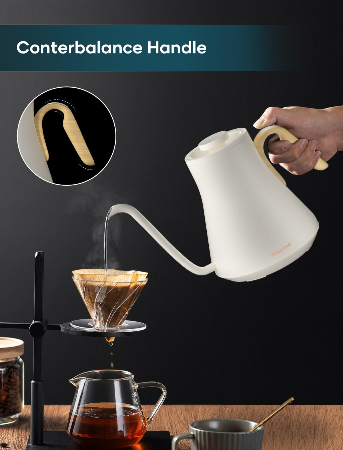 INTASTING digital brew stopwatch display guides precise pour timing.