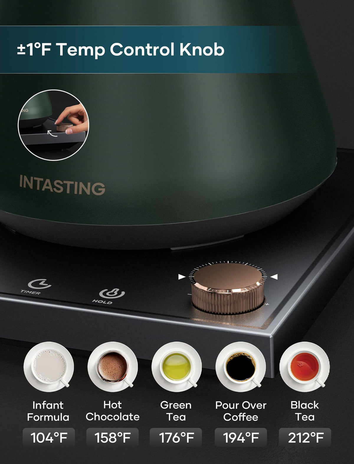 INTASTING kettle front display shows temperature and timer for accurate brews.