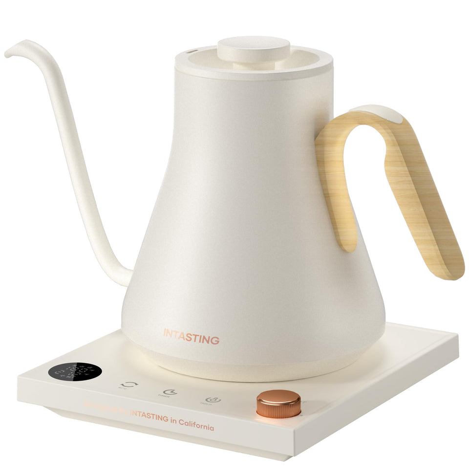 INTASTING electric kettle gooseneck spout for precise pour-over coffee control.