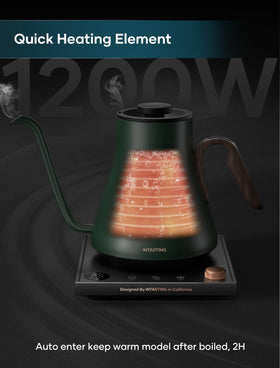 INTASTING gooseneck kettle holds water at target temp up to two hours.