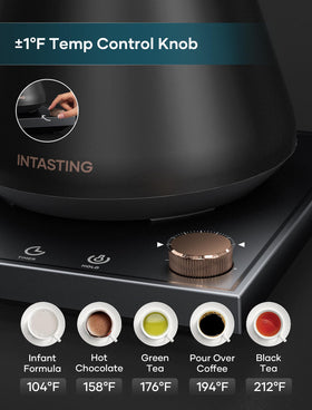 INTASTING Electric Kettle keep-warm up to 2 hours keeps water ready.