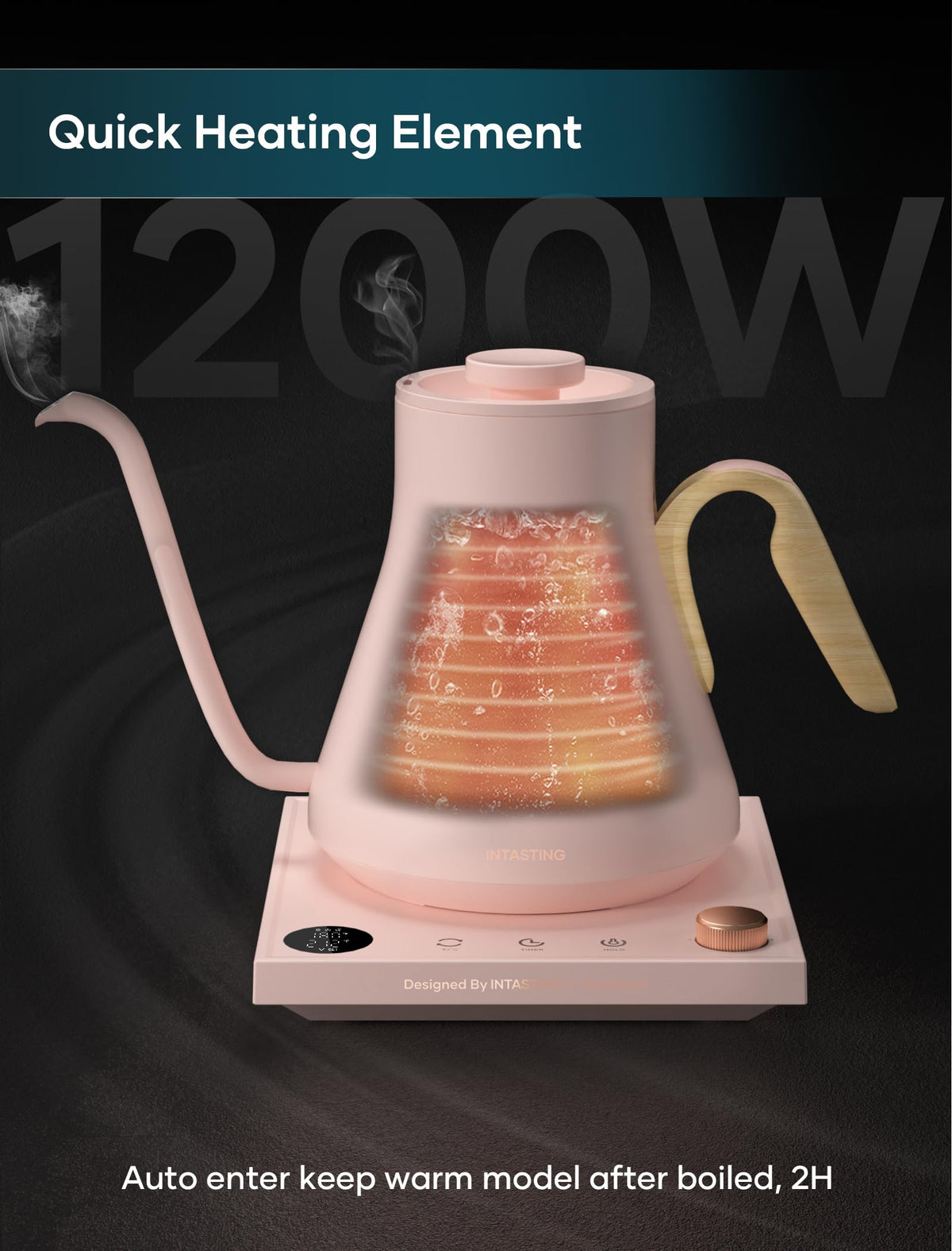 INTASTING pink finish kettle with gooseneck spout for elegant, controlled brewing.