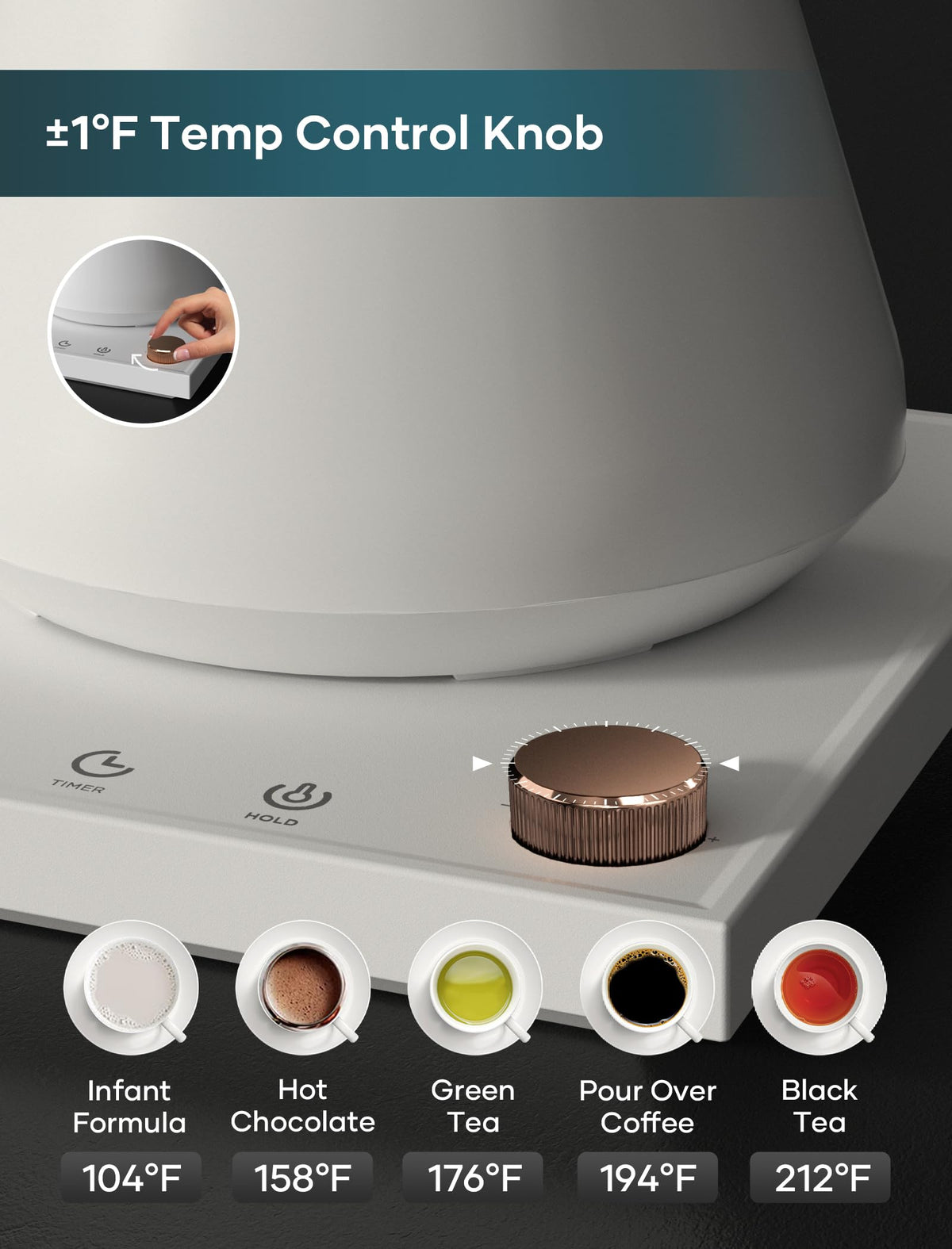 INTASTING kettle offers precise temperature control for tea and coffee preparation.