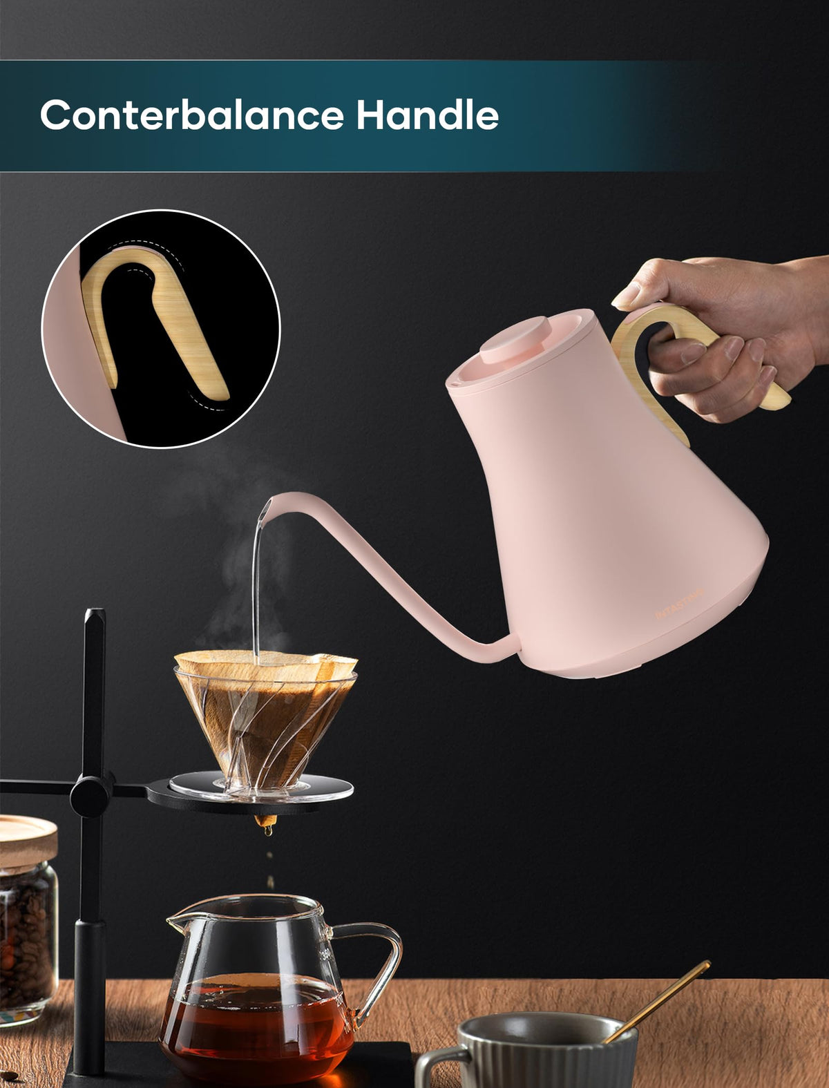 INTASTING pink finish kettle with precise temperature control for café-quality pour-overs.