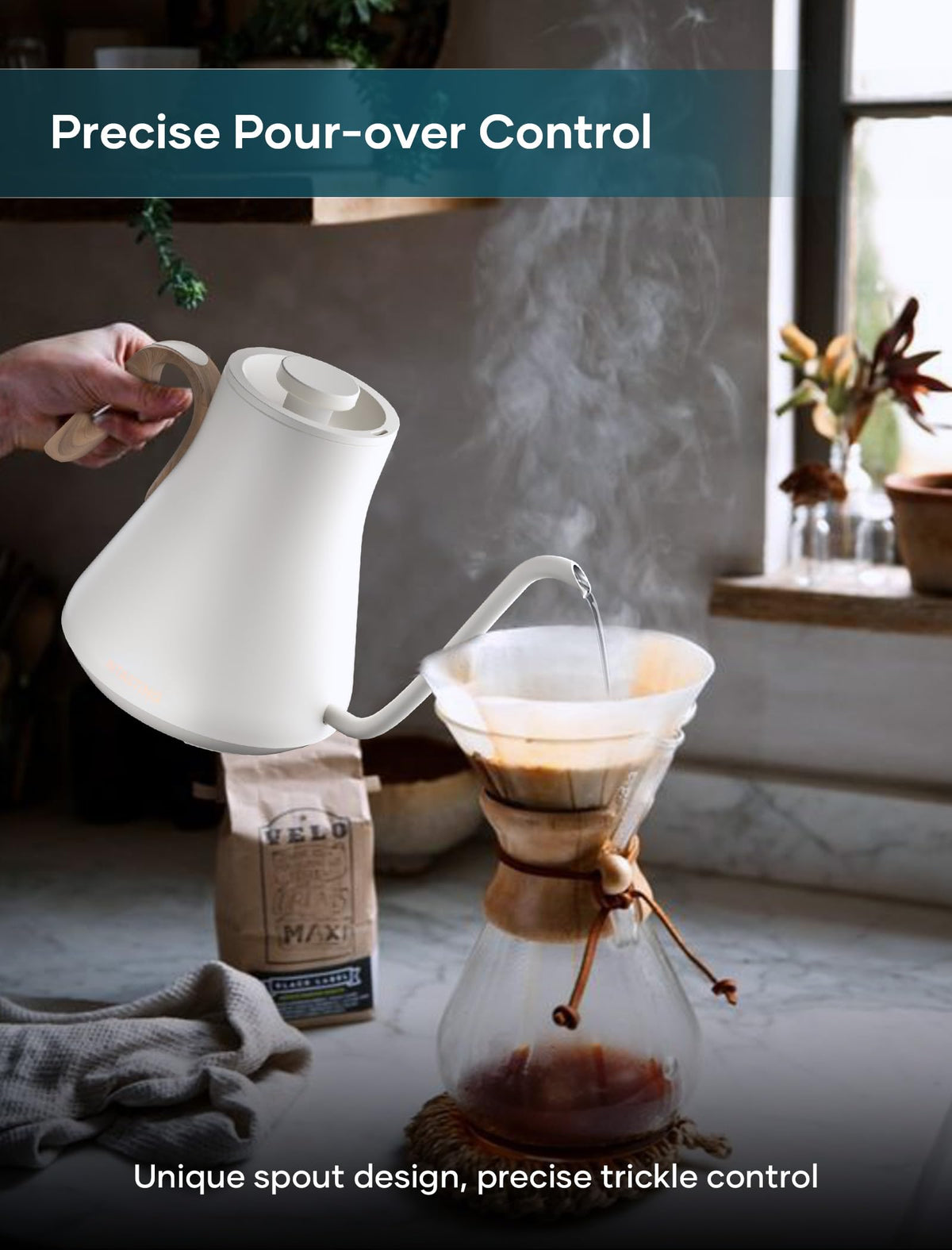 Intasting Electric Kettle wood-style handle for comfortable pouring control.