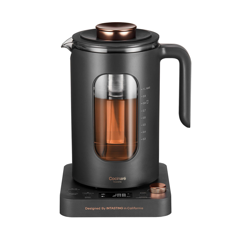INTASTING Electric Tea Kettle with glass infuser for precise tea brewing at home.
