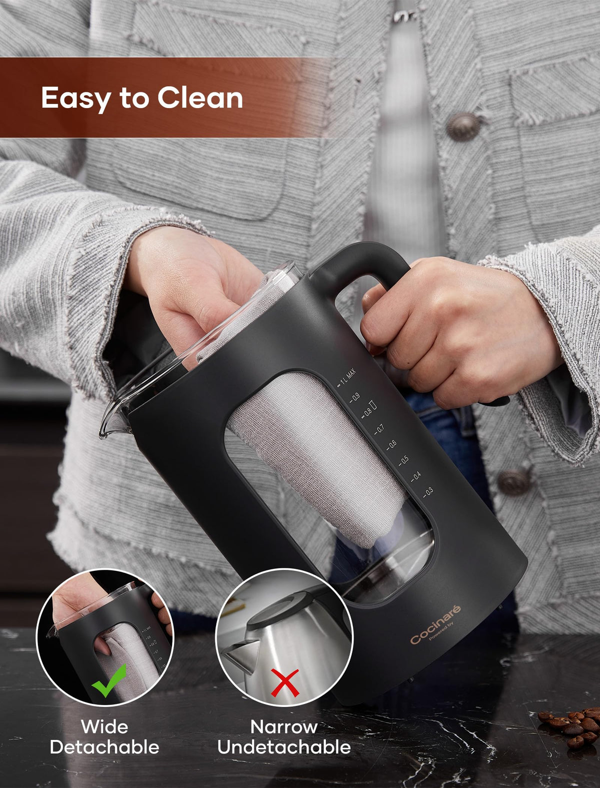 INTASTING non-drip nozzle helps prevent spills during pouring.