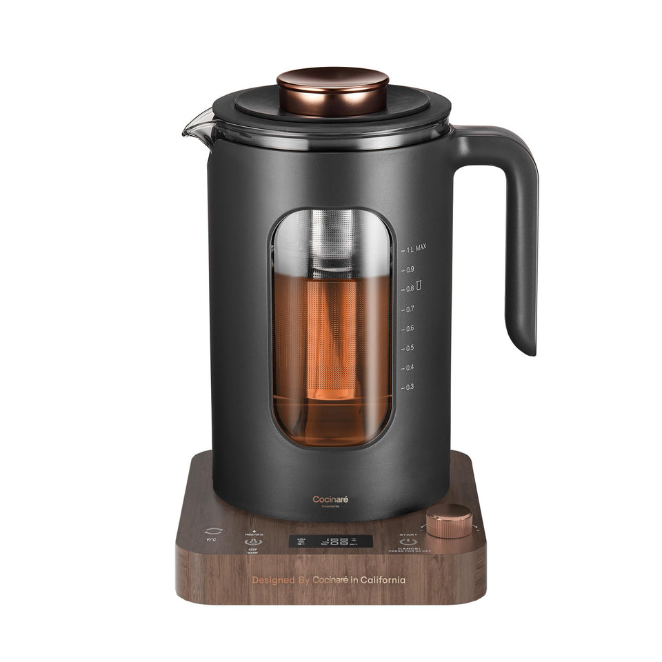 INTASTING electric tea kettle with wood design highlights fast heating and stylish kitchen appeal.