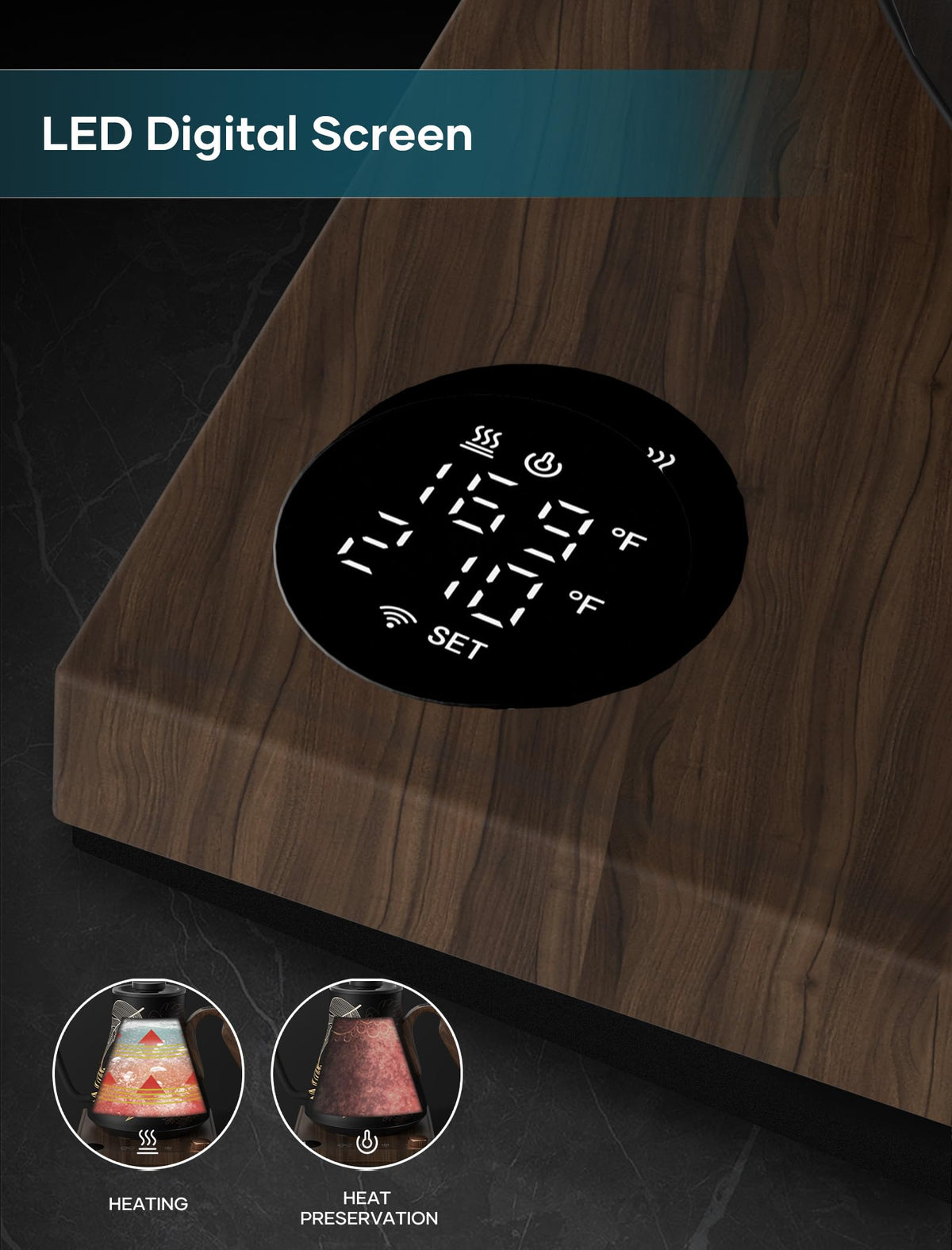 INTASTING ergonomic handle with wood-style accents for comfort.