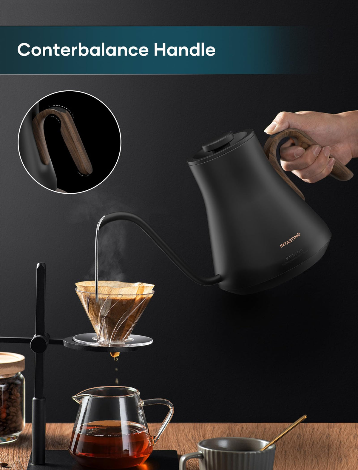 INTASTING kettle with built-in brew stopwatch for consistent pour timing.