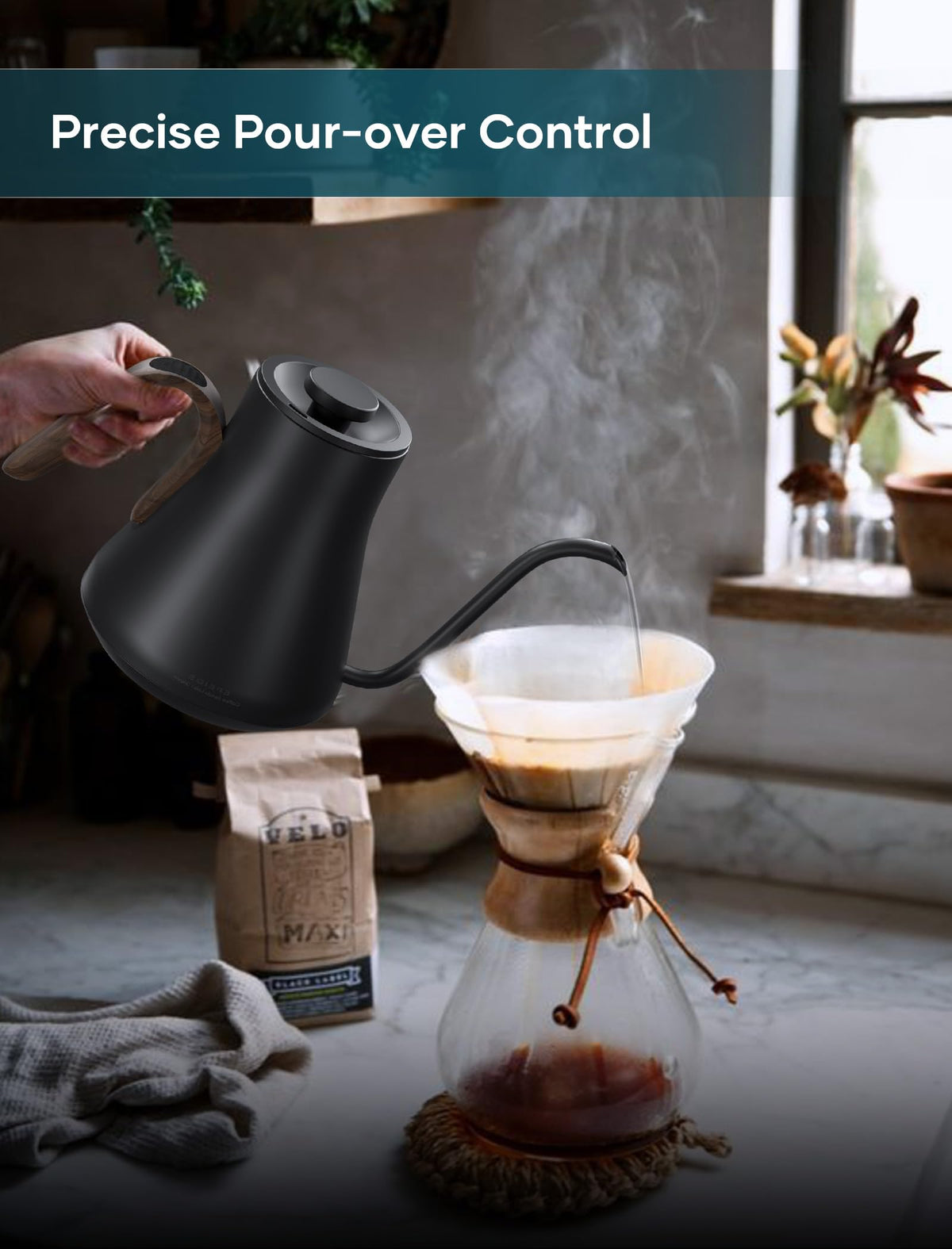 INTASTING gooseneck kettle temperature control display enables café-precise brewing at home.