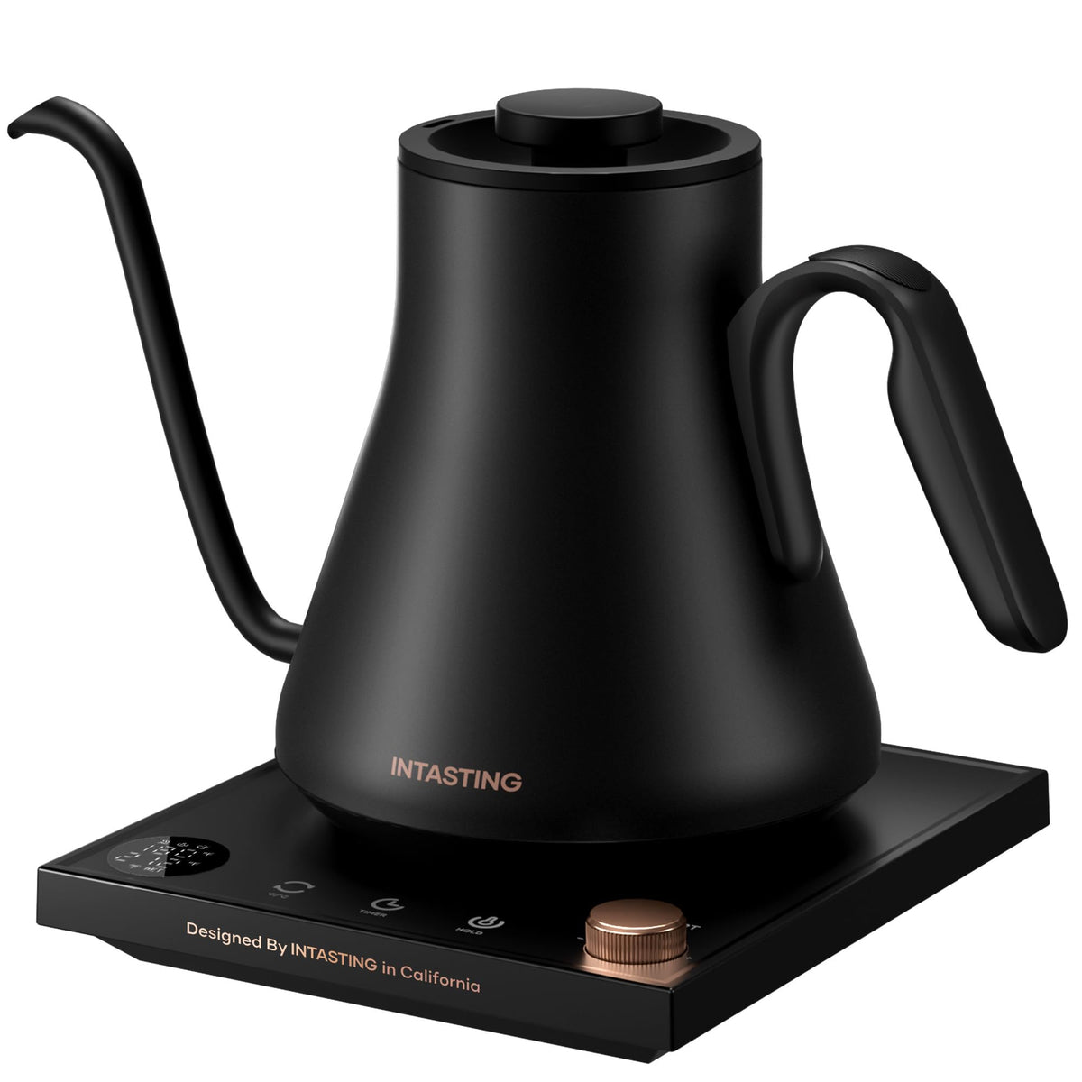 INTASTING gooseneck kettle spout close-up for precise pour-over control.