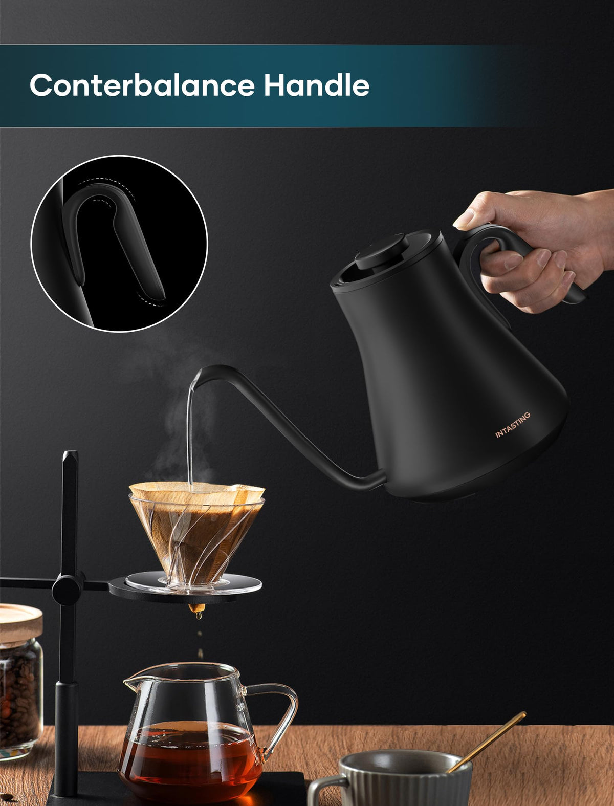 INTASTING kettle digital display shows temperature and timer for brewing accuracy.