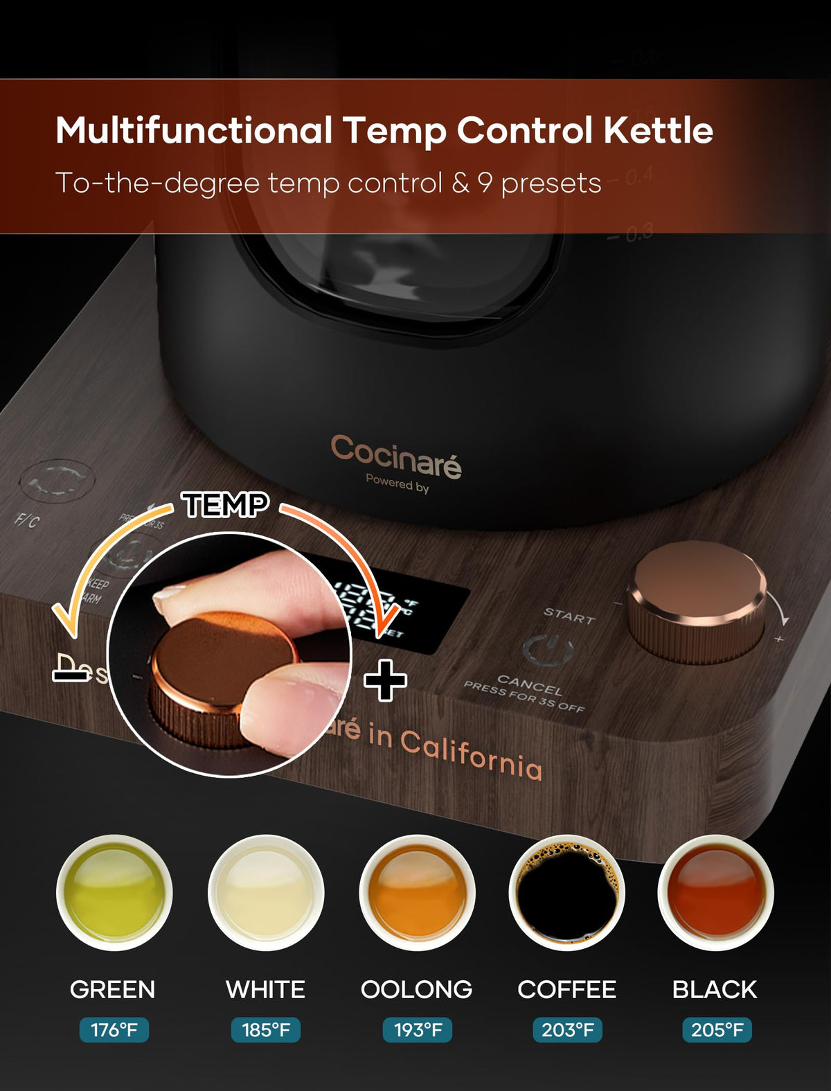INTASTING kettle with precise temperature control knob for exact tea and coffee brewing.