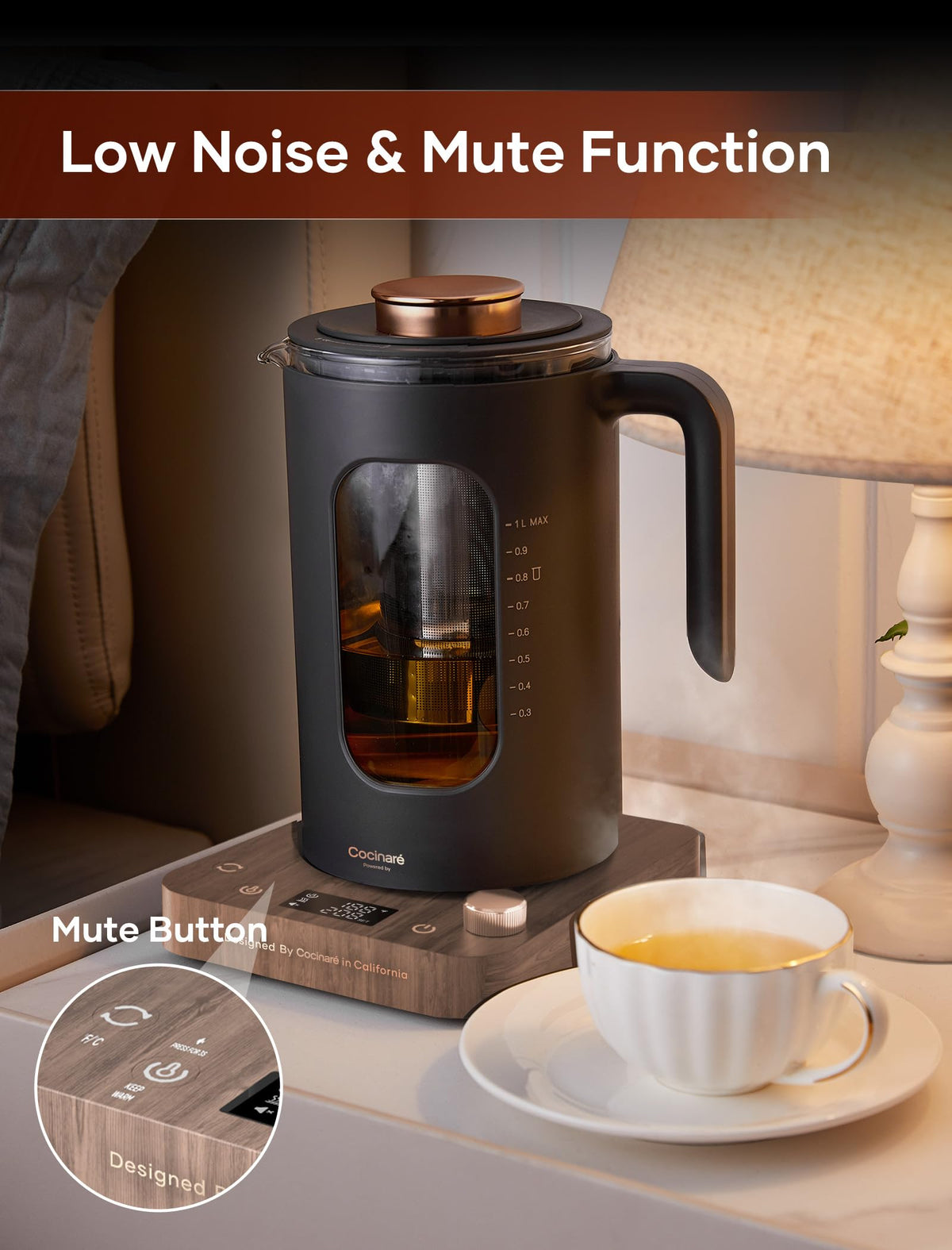 INTASTING wide-opening kettle simplifies cleaning and filling routines.