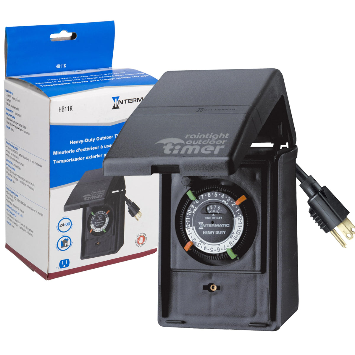 Intermatic HB11K outdoor timer with weatherproof cover for reliable scheduling.