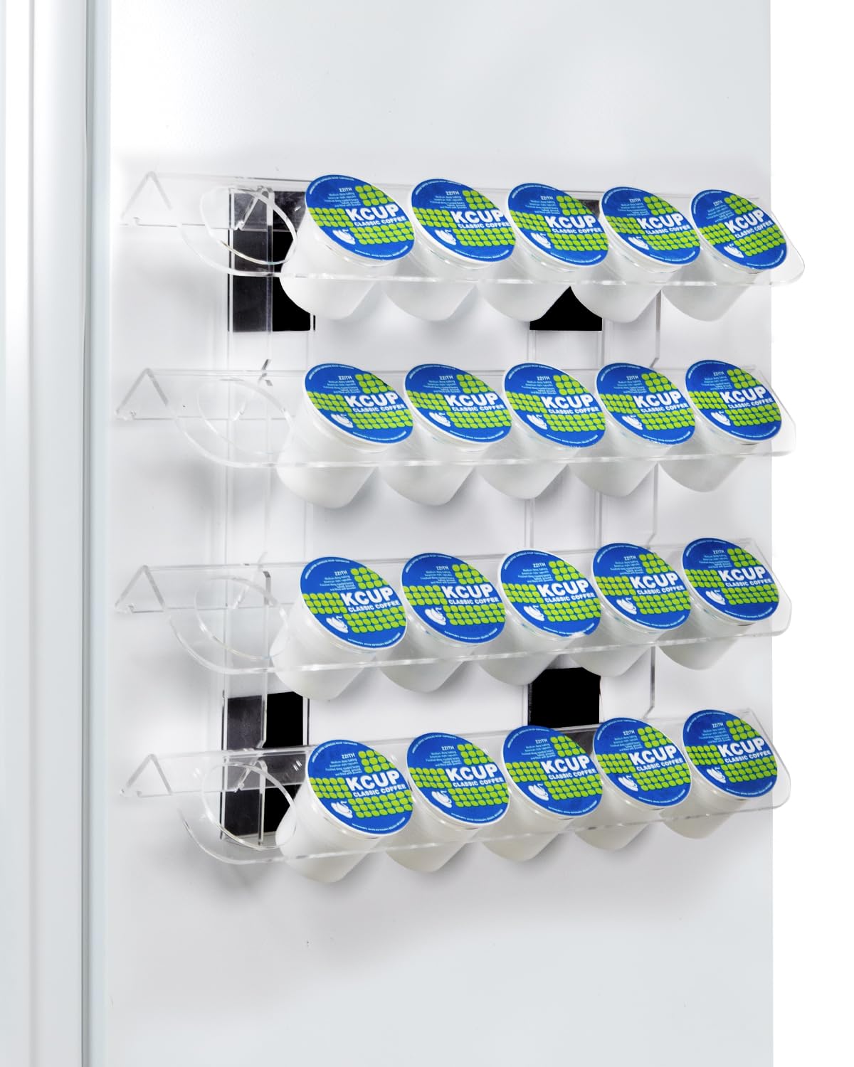 IntreLife K-Cup holder mounted on fridge, keeping pods organized and accessible.