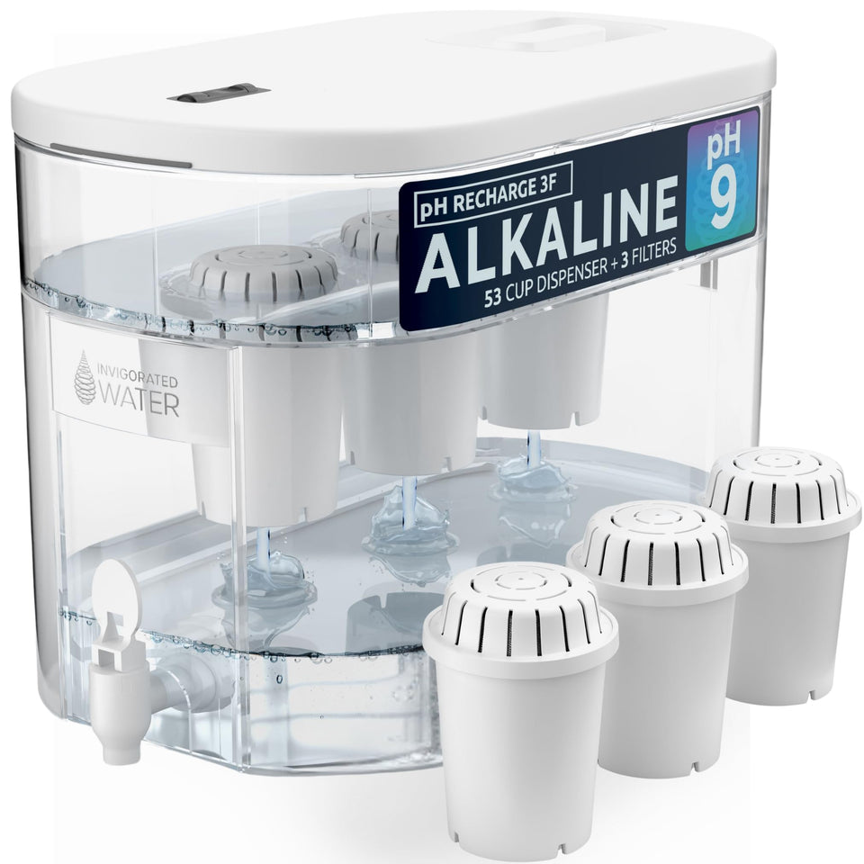 Invigorated Water alkaline countertop dispenser front view, 53-cup capacity for family hydration.