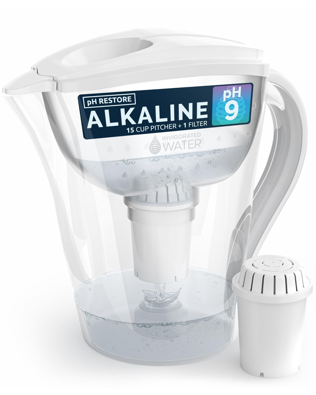 Invigorated Water filter pitcher pouring water with enhanced pH for refreshing drinks