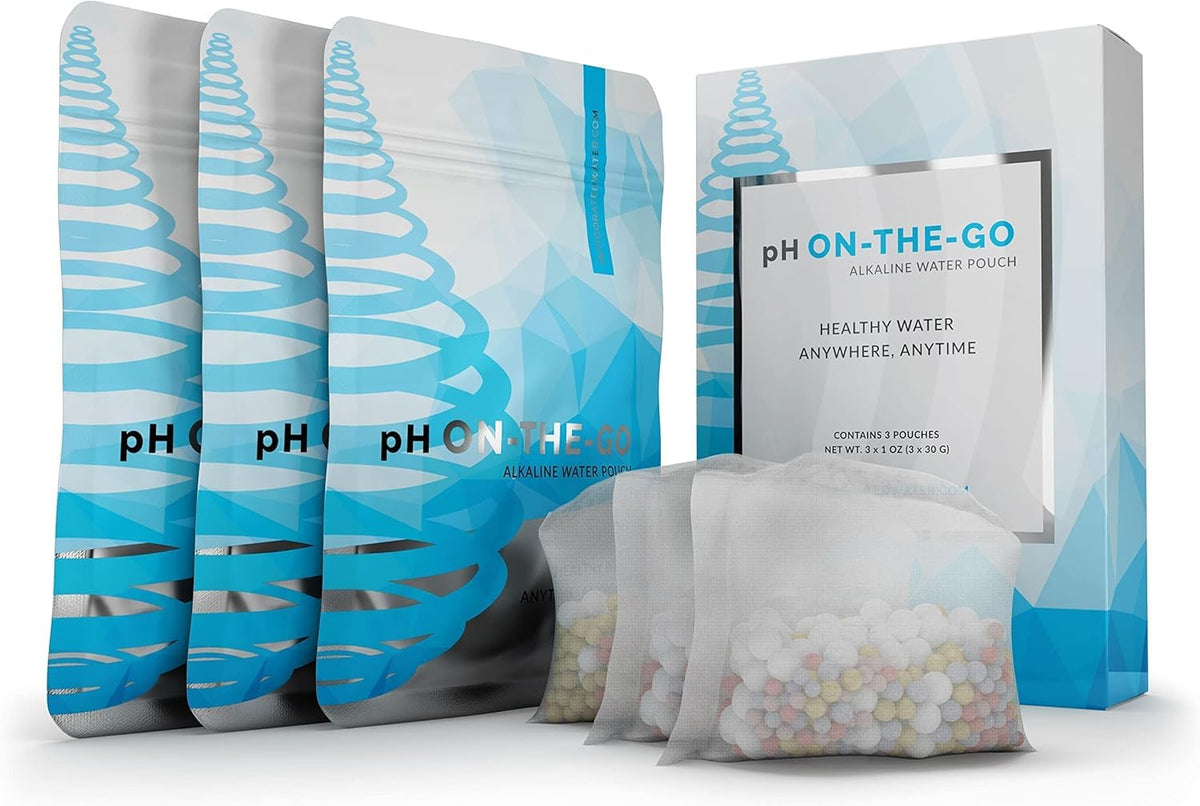 Invigorated Water pH On-The-Go filter pouch on a bottle delivering alkalized hydration