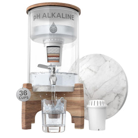 Invigorated Water pH Recharge glass dispenser front view on countertop for alkaline water