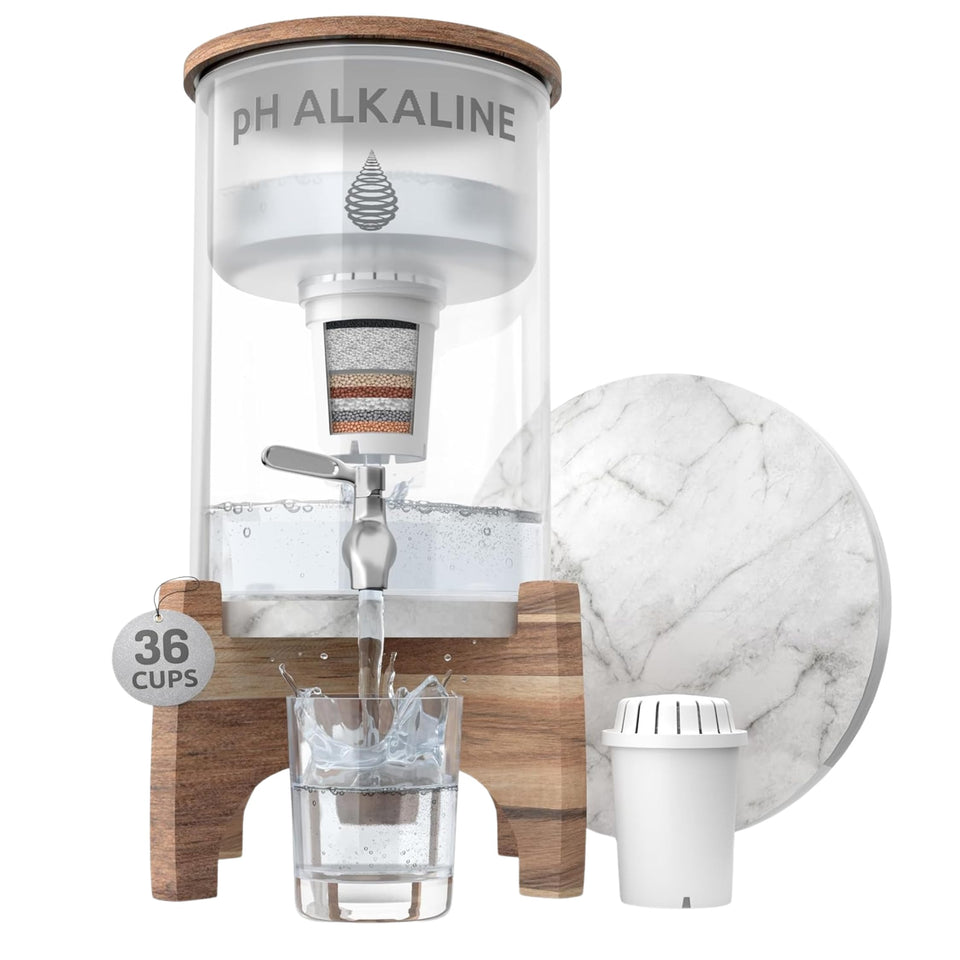 Invigorated Water pH Recharge glass dispenser front view on countertop for alkaline water
