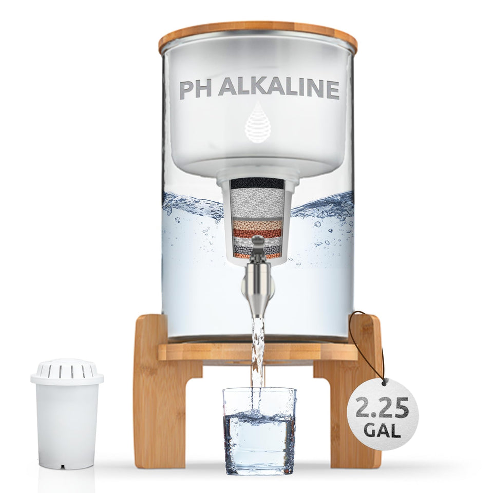 Invigorated Water pH Recharge glass dispenser on the kitchen counter offering clean alkaline hydration.