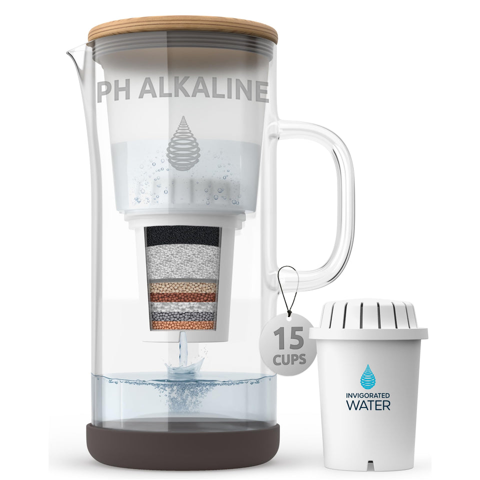 Invigorated Water pH Restore glass pitcher close-up with crystal clarity and filtration.
