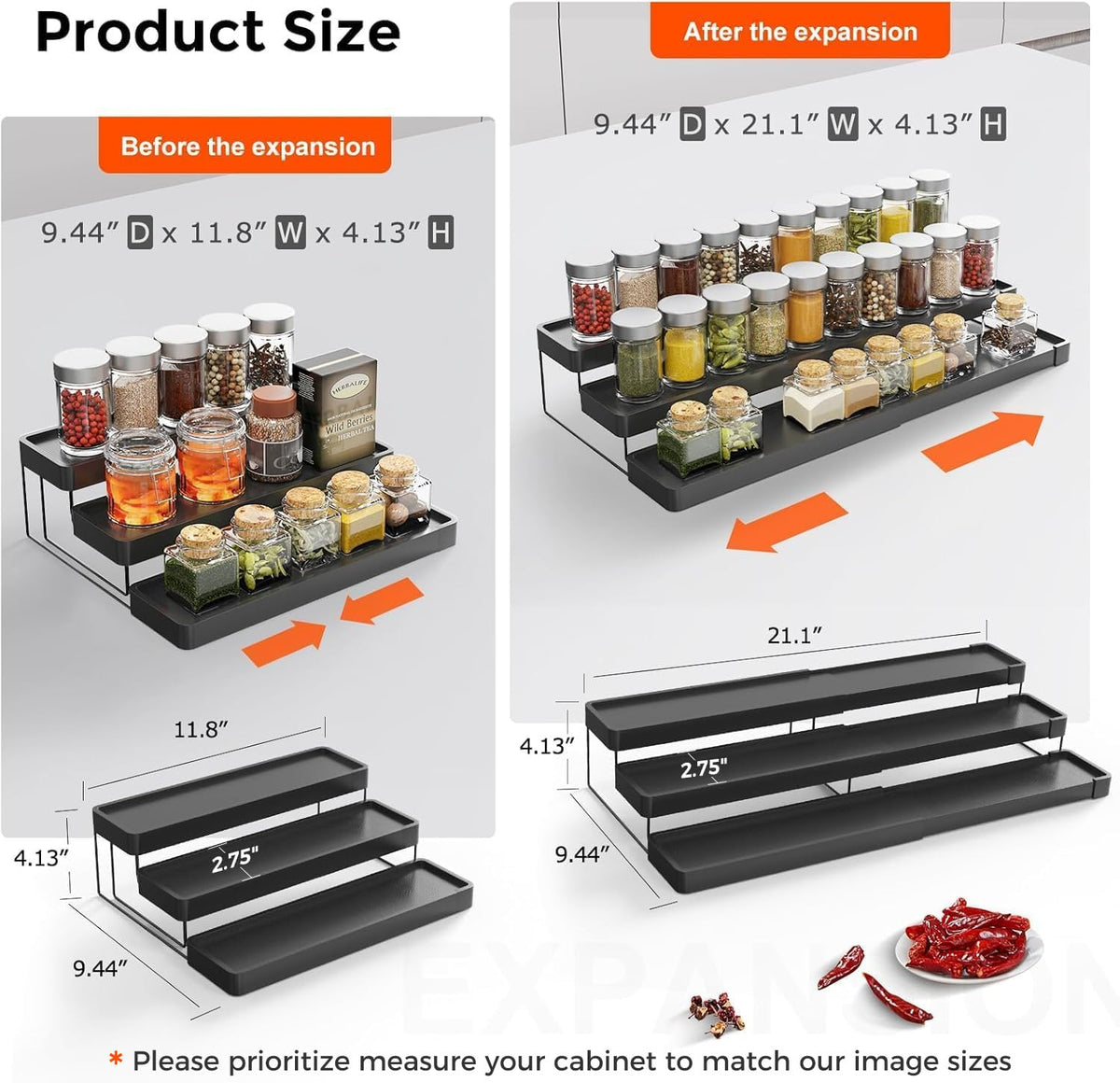 INVOCOO Expandable Spice Rack with 3-tier visibility enables quick spice selection