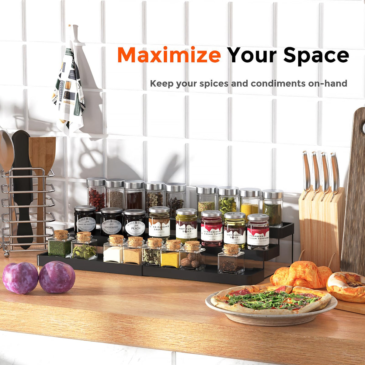 INVOCOO Expandable Spice Rack adjustable length fits cabinet or pantry shelves