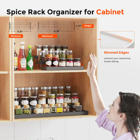 INVOCOO Expandable Spice Rack with fence guards prevents jars from tipping