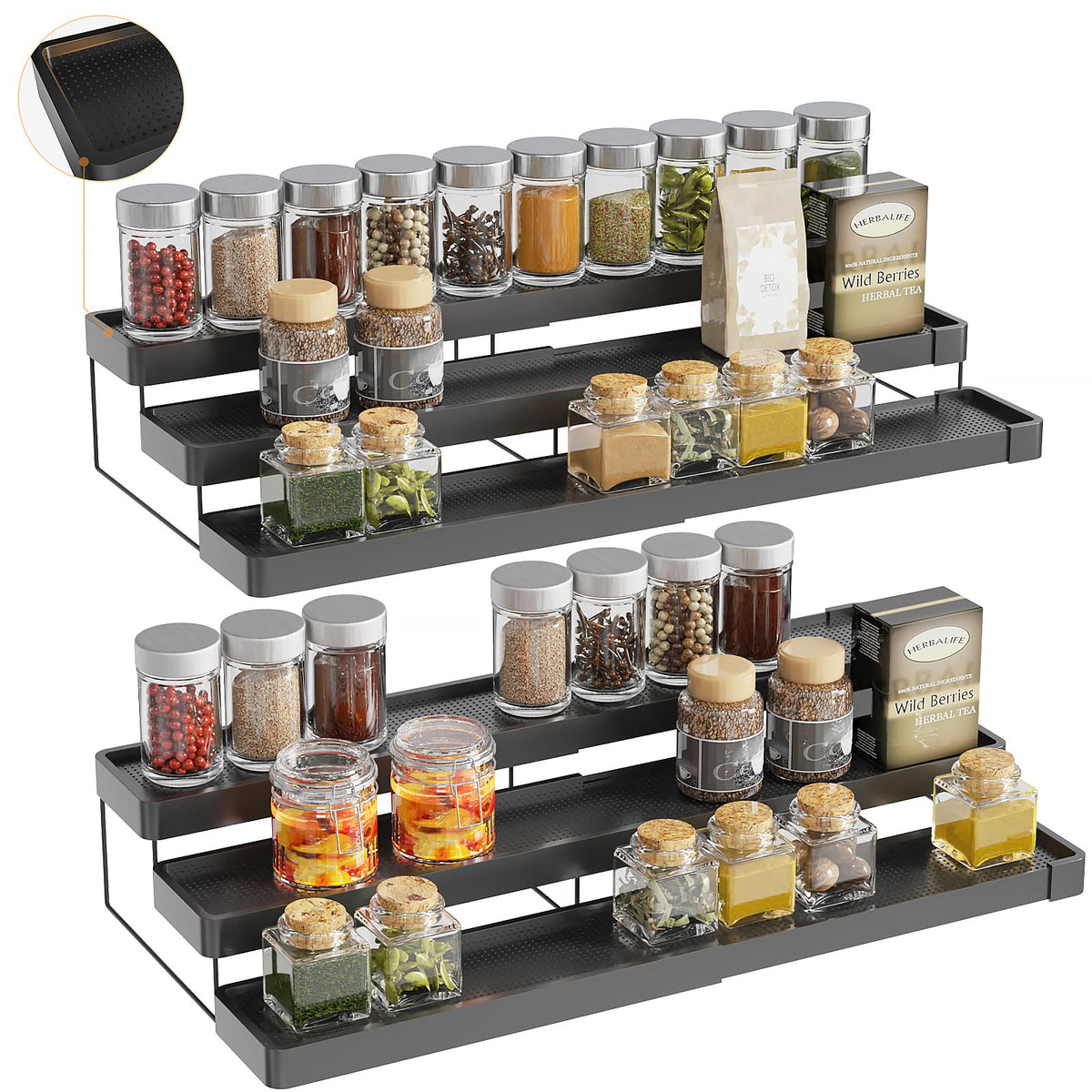 INVOCOO expandable spice rack extends to 21 inches for flexible cabinet storage.
