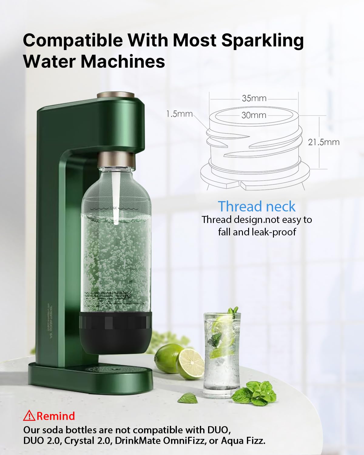 OiDiPi white 1L soda bottle with threaded neck for secure, spill-free hydration on the go.