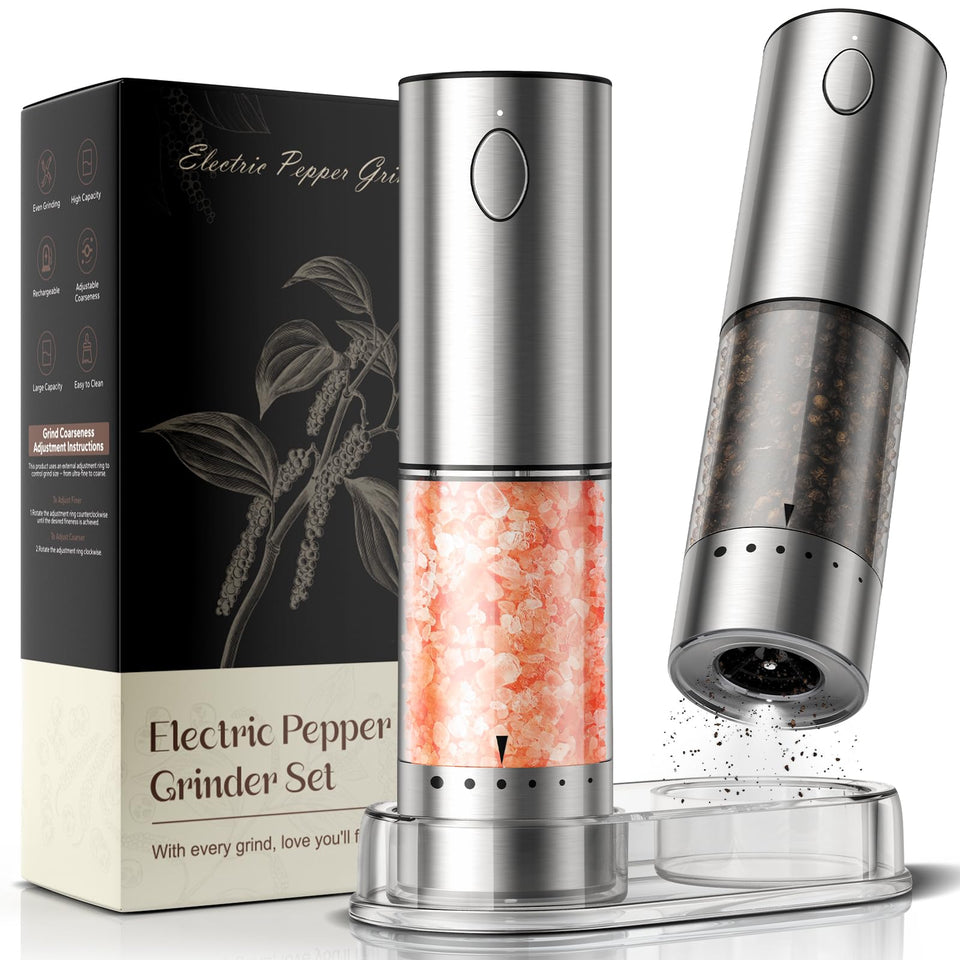 ioion electric grinder front view enables quick one-handed seasoning.