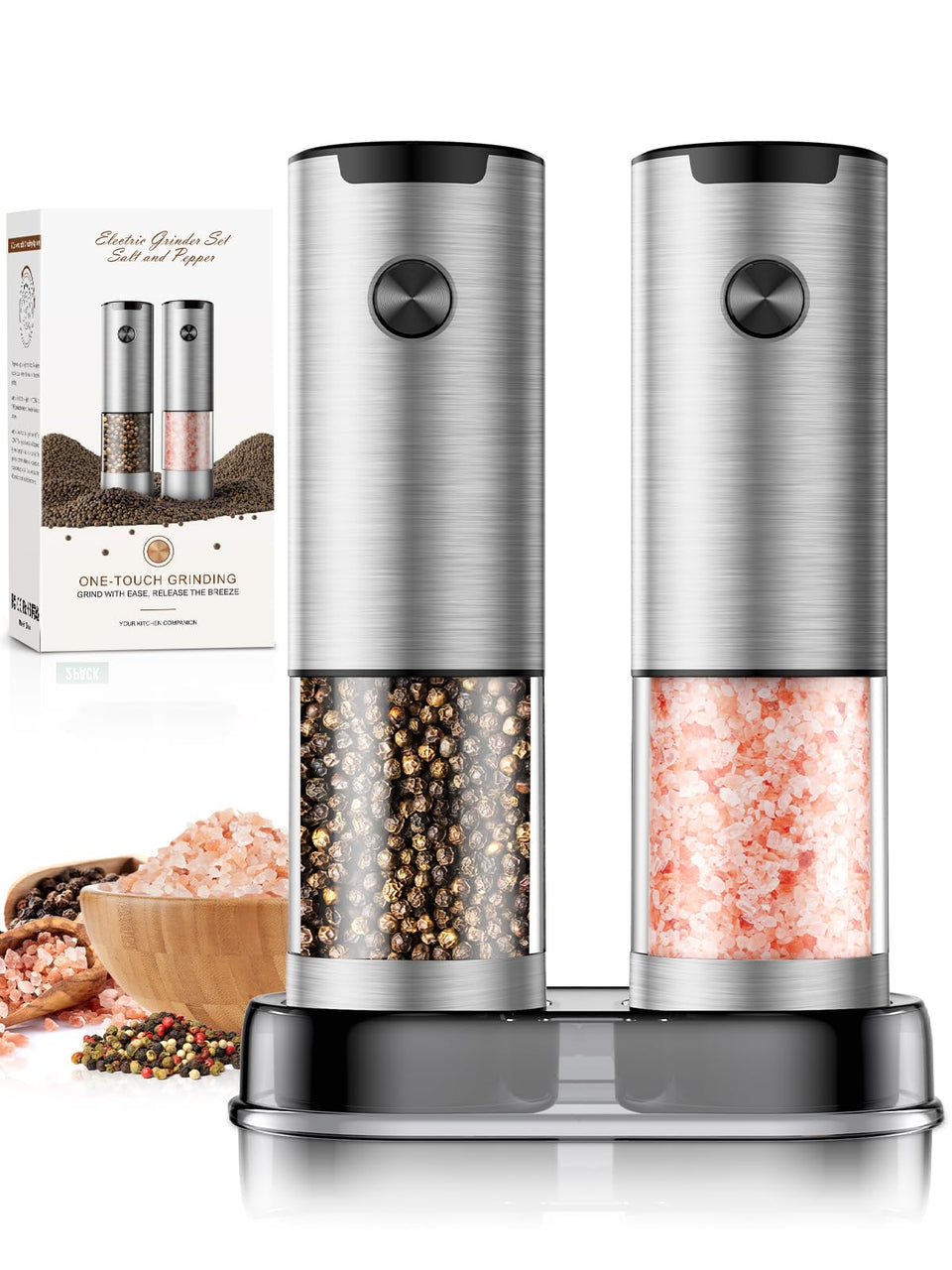 ioion electric salt grinder with LED light for precise seasoning at dinner.