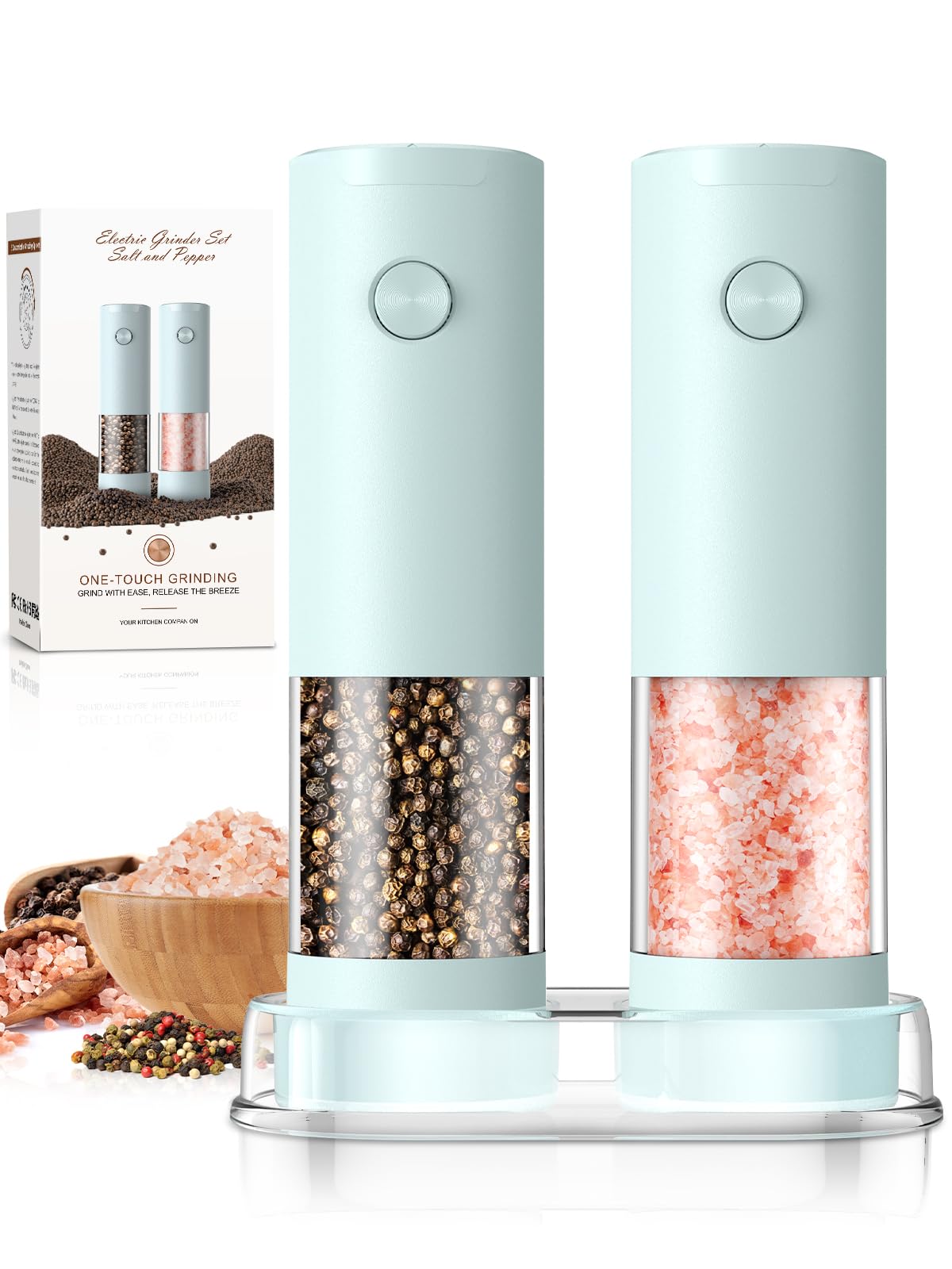 Ioion electric salt and pepper grinder set with LED light for precise seasoning in low light.